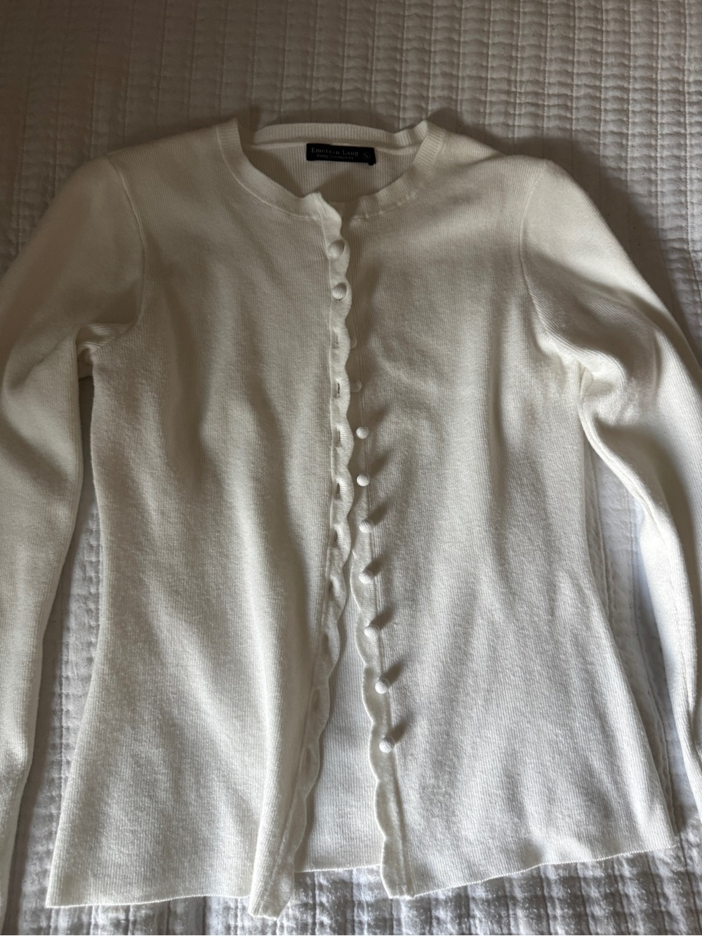 Emerson Lang Young Contemporary Cream White Scalloped Loop Button Knit Cardigan